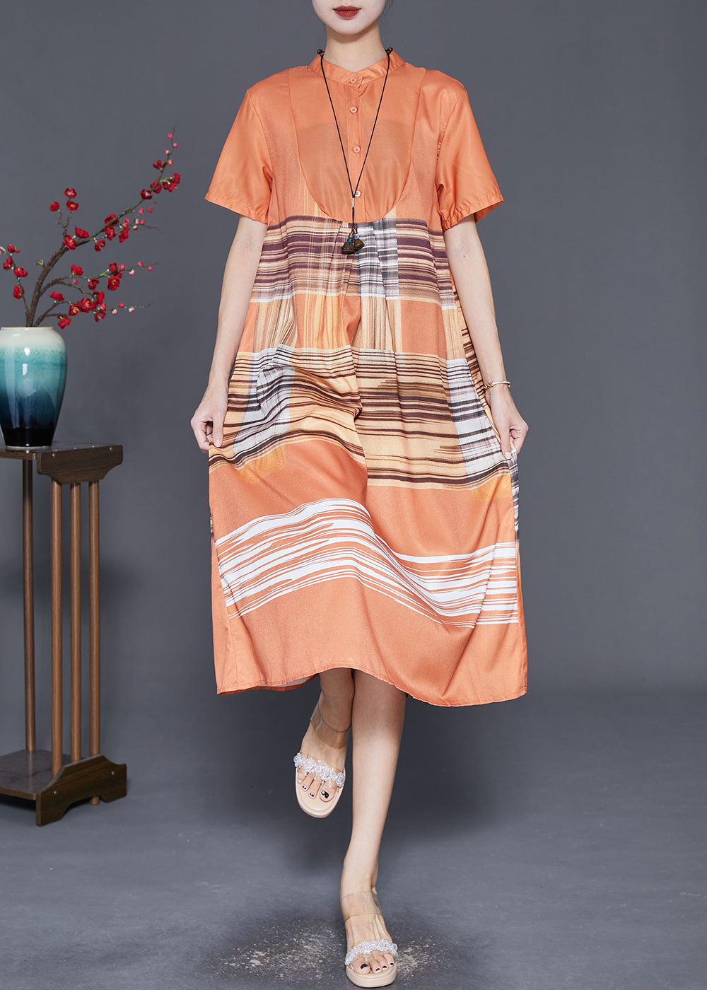 Patchwork Stripe Mandarin Collar Button Short Sleeve A-Line Midi Dress