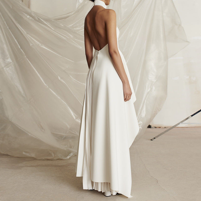 Halter Neck Peplum Top Pleated Maxi Skirt Two Piece Set