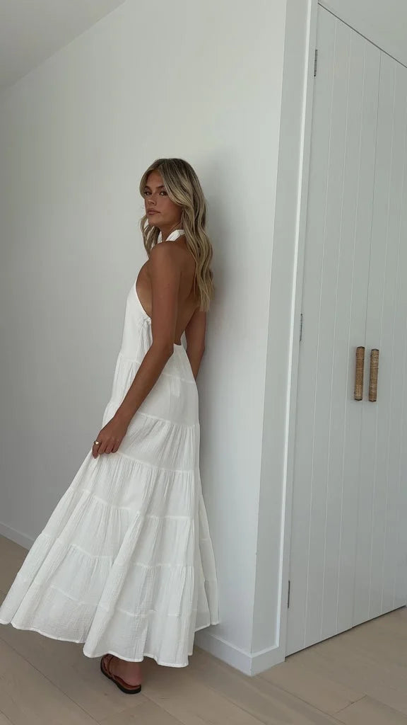 Halter Neck Tiered Crinkle Texture A-Line Maxi Summer Dress