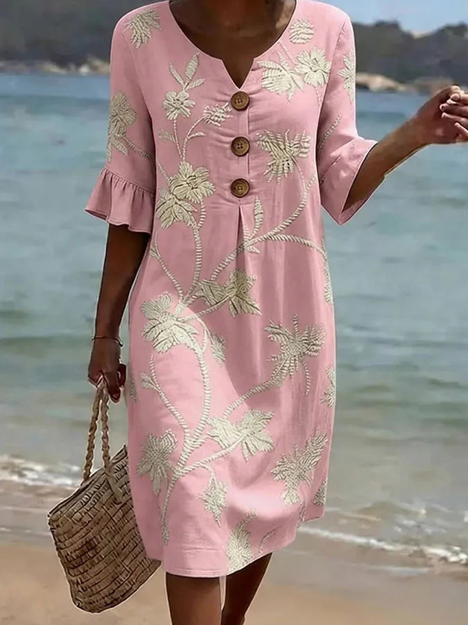Embroidered Floral Notch Neck Half Sleeve Button Midi Dress