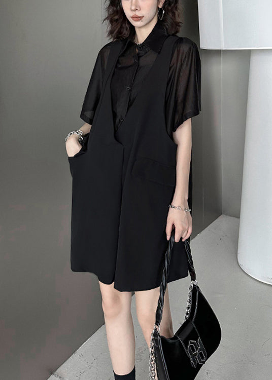 Faux Two-Piece Sheer Button Front Shirt Sleeveless Pocket Vest Midi Dress