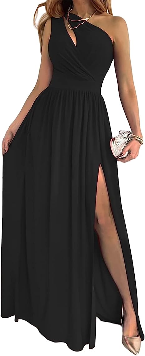 One Shoulder Keyhole Cut Out Pleated High Split Formal Maxi Gown