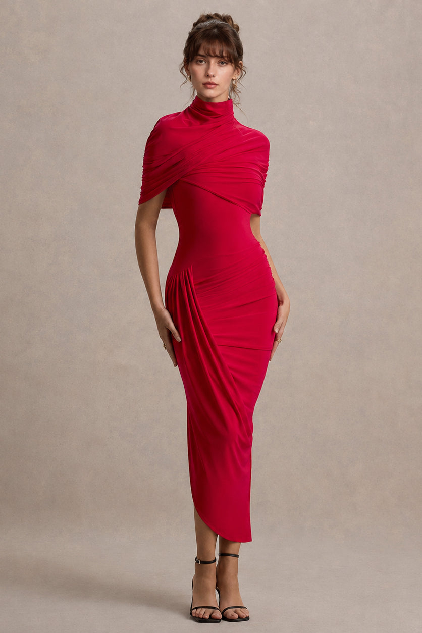 Solid Ruched Bodycon Cape Party Dress