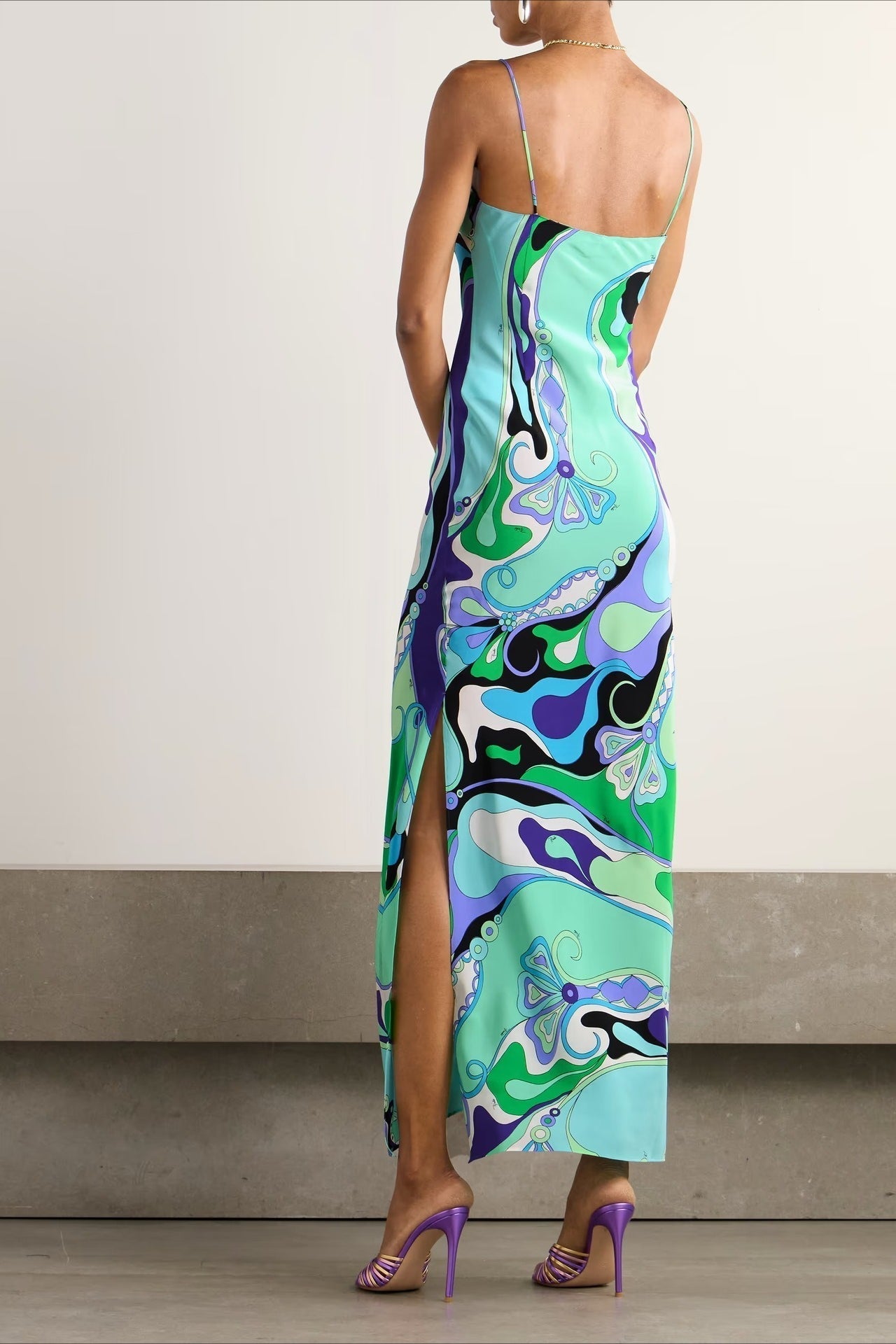 Spaghetti Strap Deep V-Neck Abstract Print Satin Slip Maxi Dress