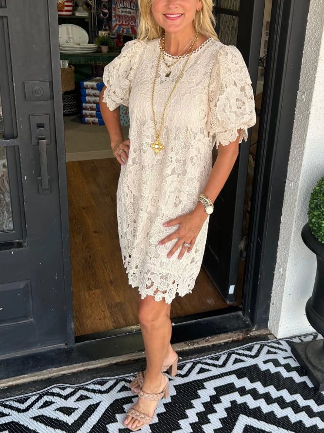 Floral Lace Round Neck Puff Sleeve Tiered Ruffle Shift Mini Dress