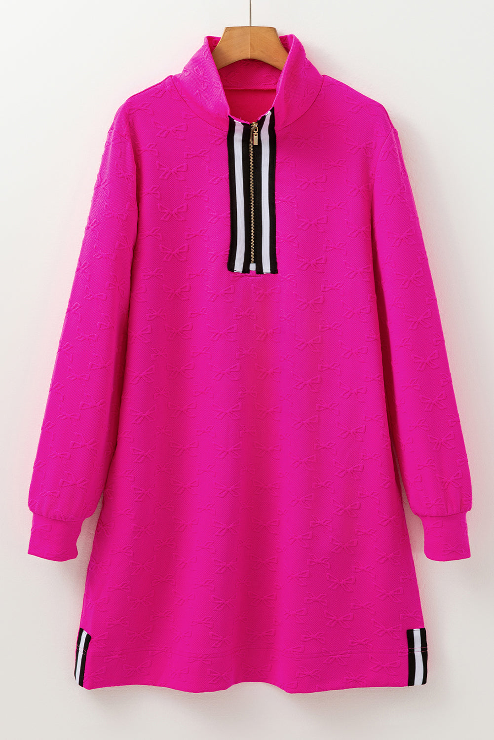 Bow Jacquard Quarter Zip Collar Striped Trim Shift Mini Dress