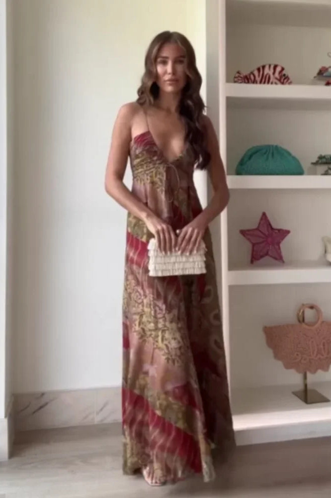 Fashion Print V Neck Maxi Dress