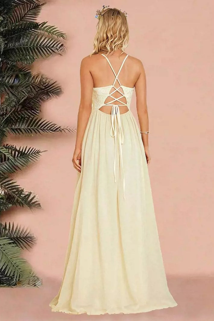 Lace Square Neck Spaghetti Strap Chiffon A-Line Maxi Dress
