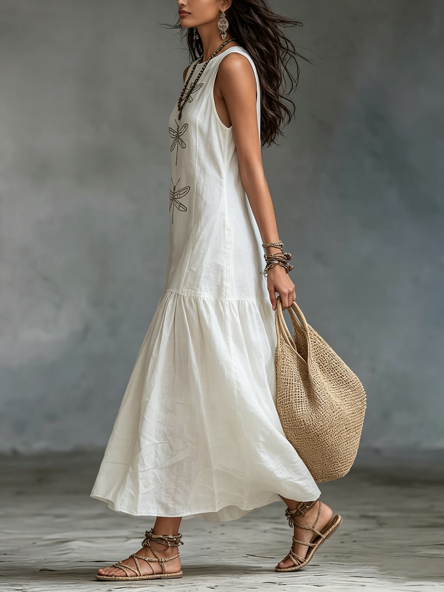 Sleeveless Dragonfly Print Tiered Maxi Dress