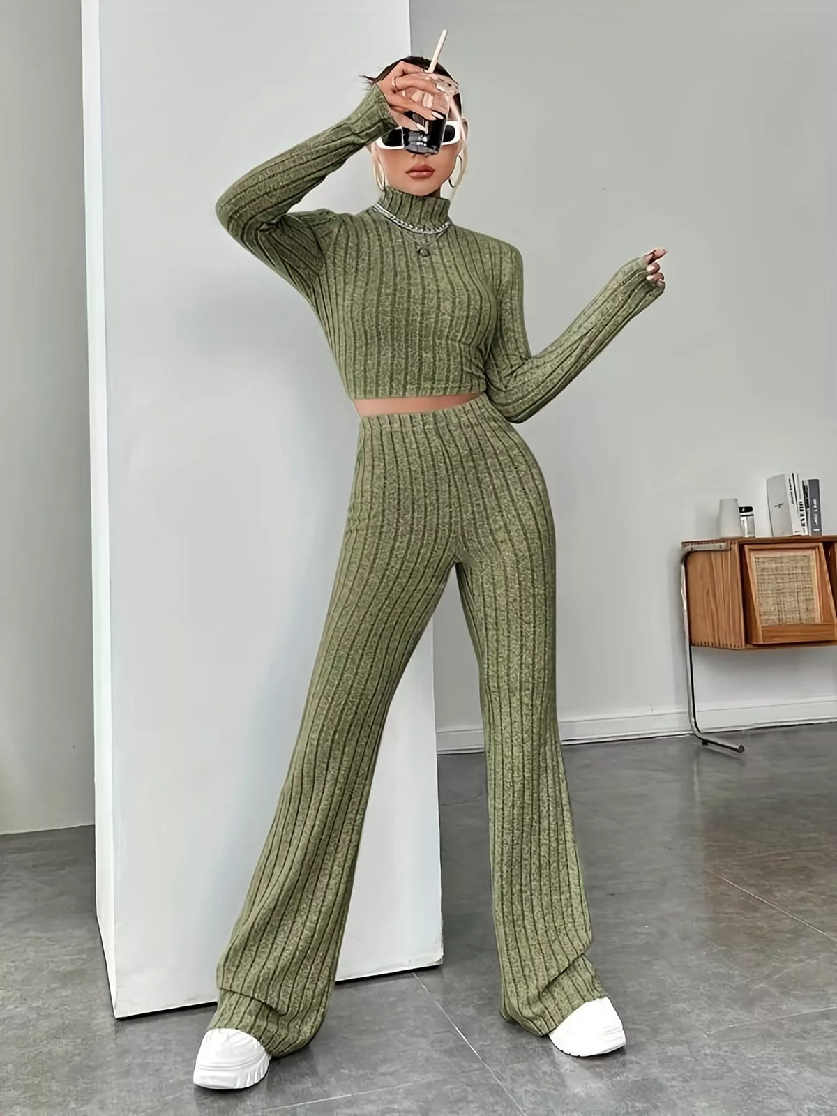 Mock Neck Long Sleeve Ribbed Knit Crop Top and Flare Pants Two Piece Set 2