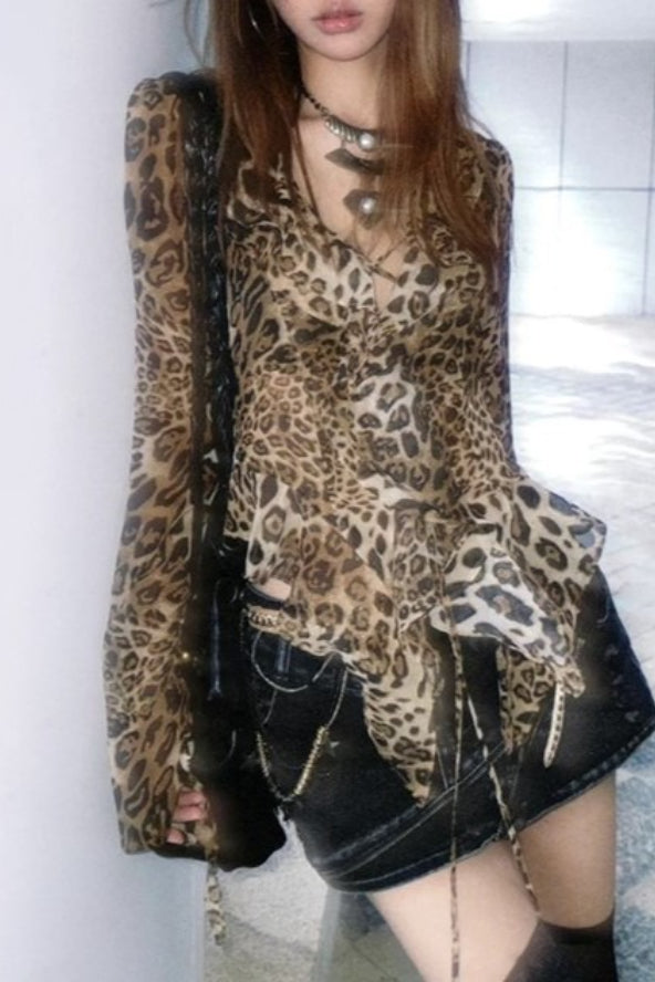 Y2K Slim Leopard Print Blouse