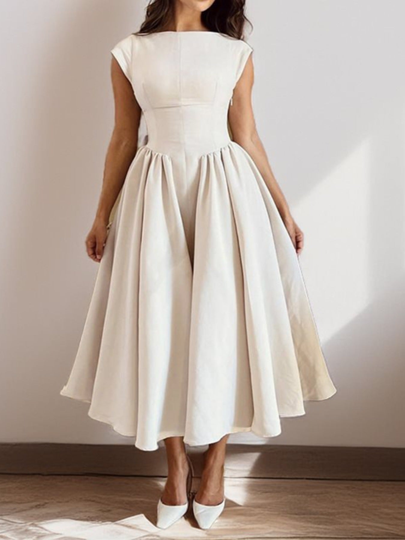 Satin Boat Neck Cap Sleeve Fit and Flare Midi Dress