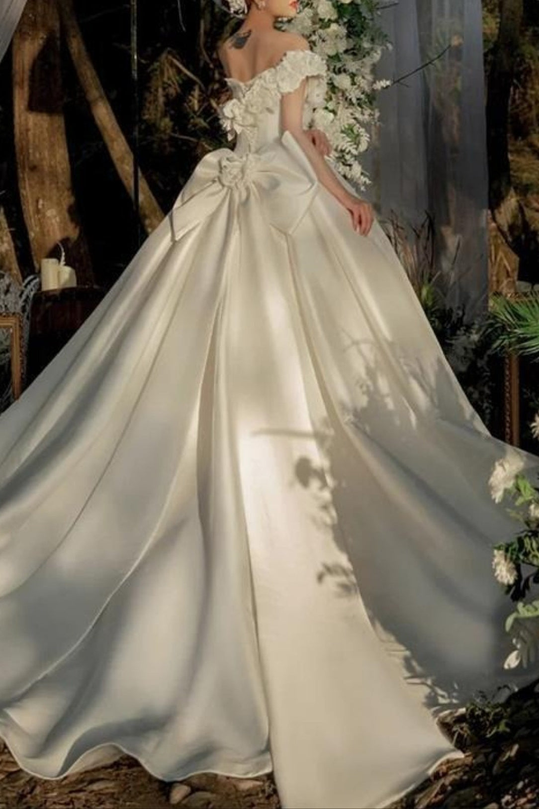 Off Shoulder Satin Train Wedding Dress - View 4