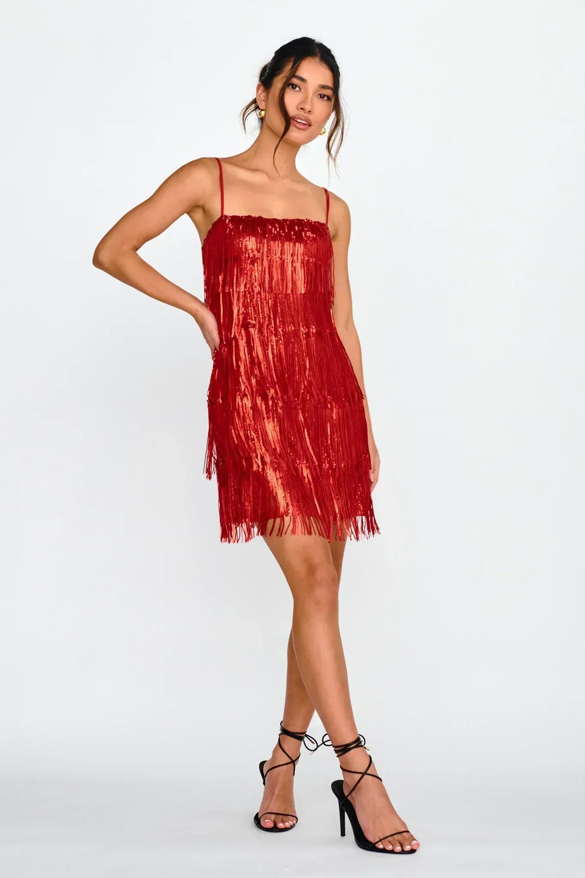 Sequin Fringe Spaghetti Strap Straight Neck Party Mini Dress 4