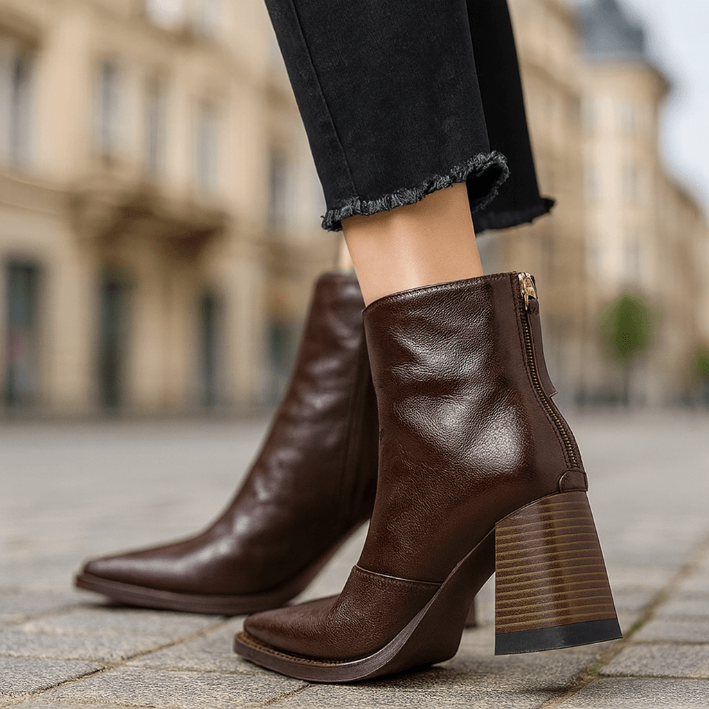 Square Toe Block Heel Back Zip Ankle Boots
