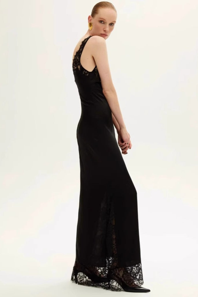 Satin Deep V-Neck Lace Bodice Lace Trim Hem Slip Maxi Gown