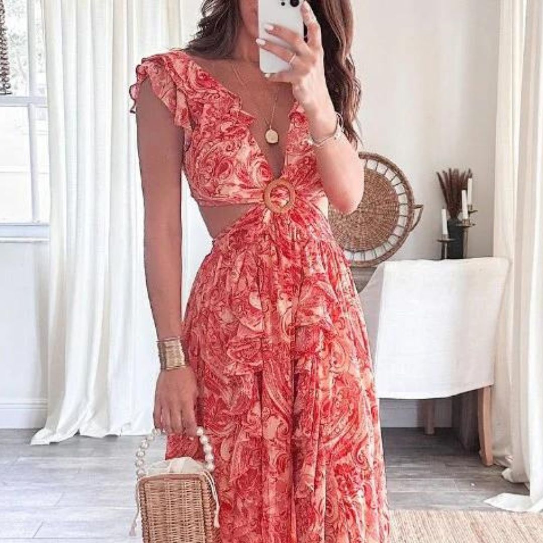 Paisley Print Deep V-Neck Flutter Sleeve Cut Out Tiered Ruffle High Split Maxi Dress