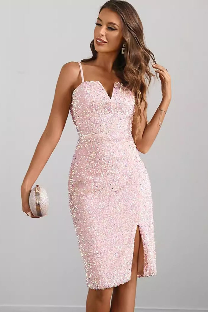 Sequin Sweetheart Spaghetti Strap High Split Bodycon Midi Dress
