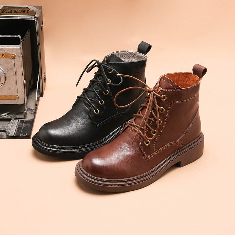 Retro Boots Brush-Off Leather Round Toe Low Heel Bottine Flat Ankle Boots Black/Coffee