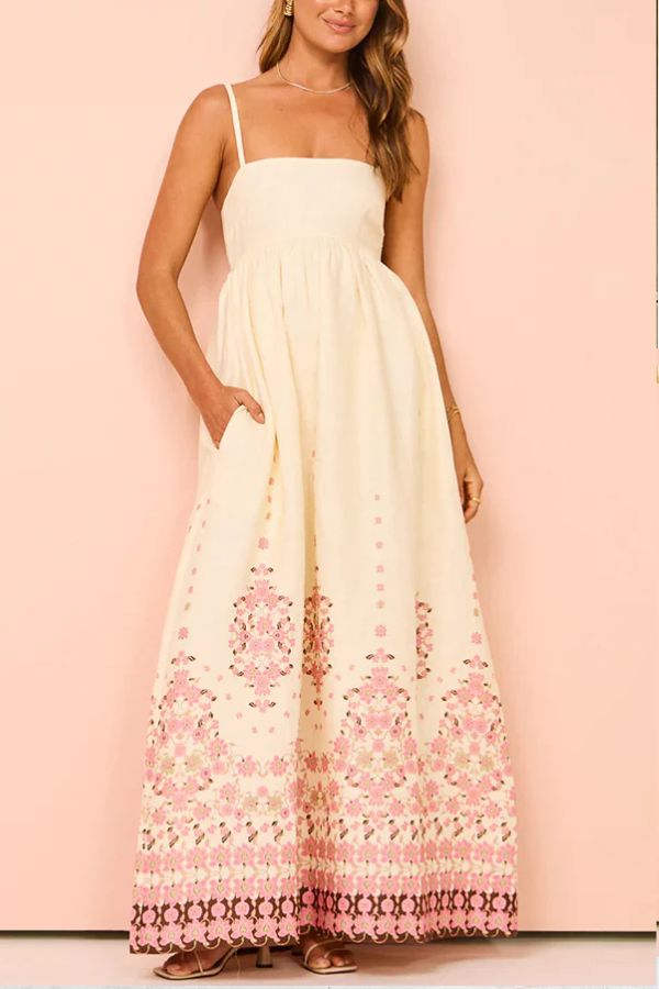 Wendy Elevated Paradise Flowers Linen Blend Unique Print Loose Maxi Dress with Straps and Pockets Statement Occasion Edit