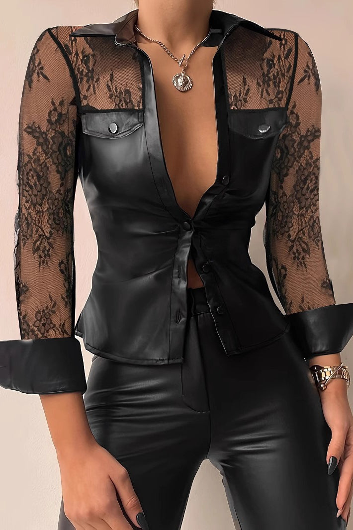 Lace Leather Panel Sheer Long Sleeve Chic Blouse