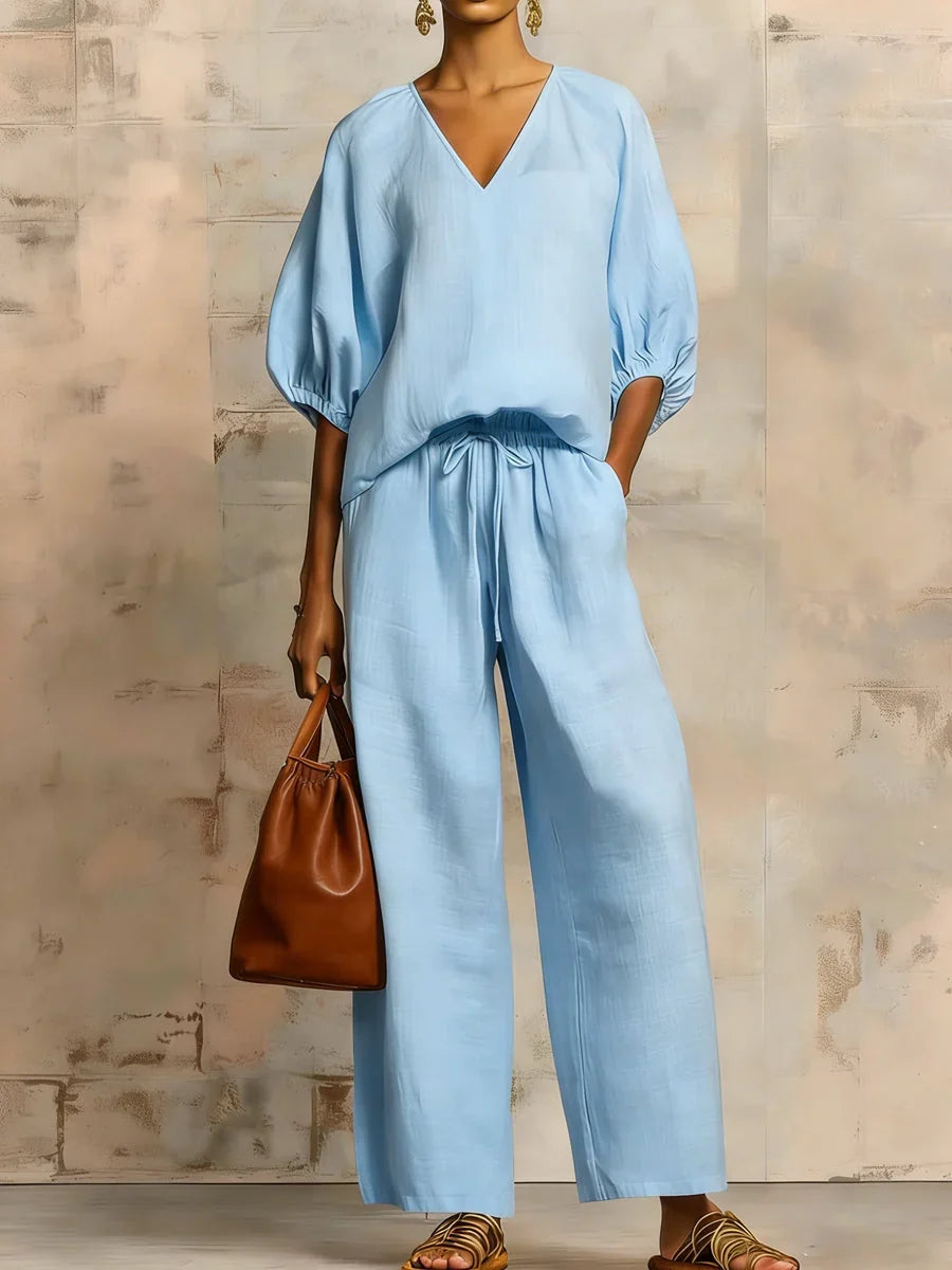 V-Neck Puff Sleeve Top and Wide Leg Pants Two Piece Set