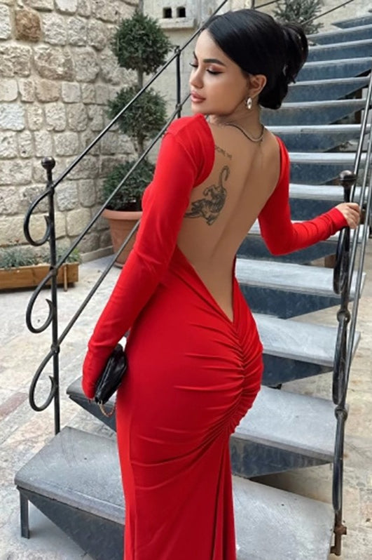 Long Sleeve Open Back Ruched Bodycon Mermaid Maxi Dress