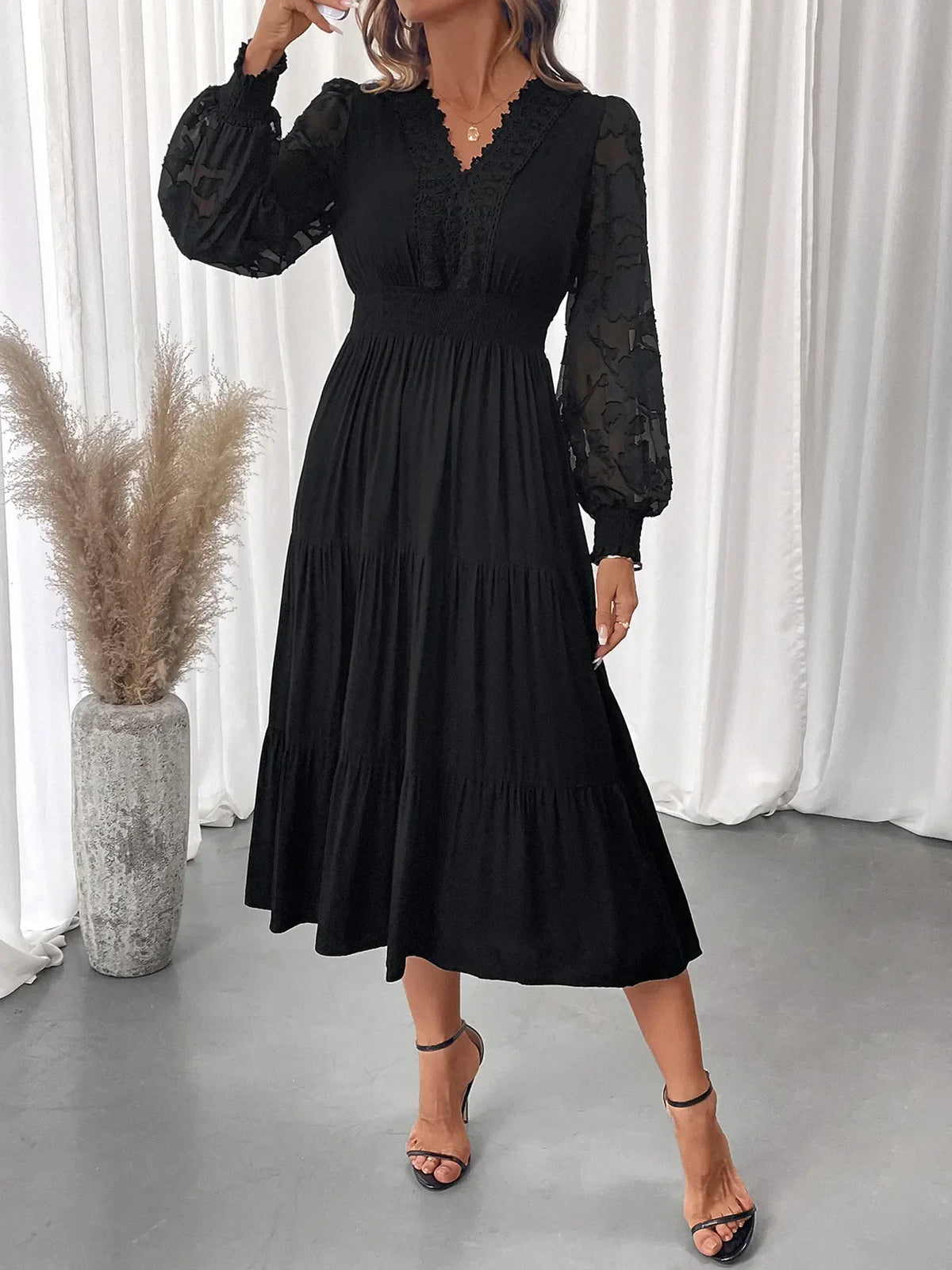 Lace Trim V-Neck Lantern Sleeve Smocked Waist Tiered Midi Dress 5