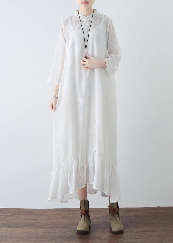 Mandarin Collar Frog Button Tiered Ruffle Gauze Maxi Dress