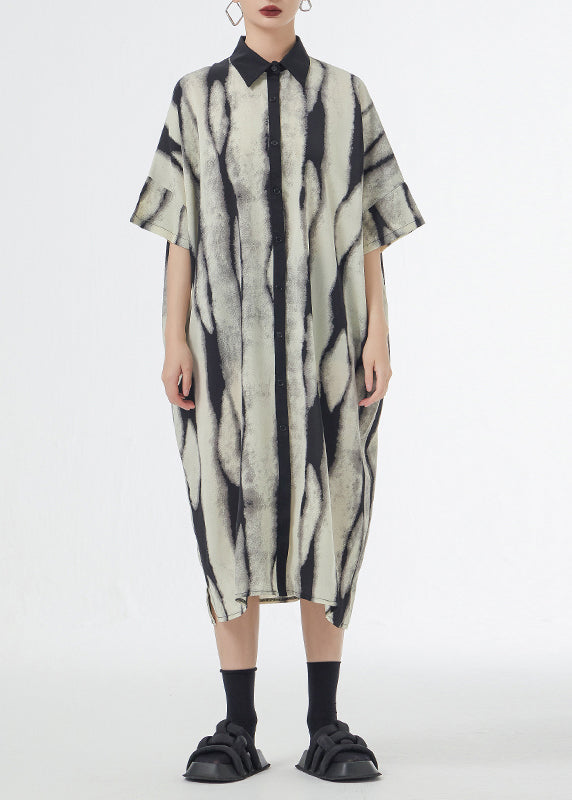 Abstract Print Collared Button Down Short Sleeve Oversized Shirt Midi Dress