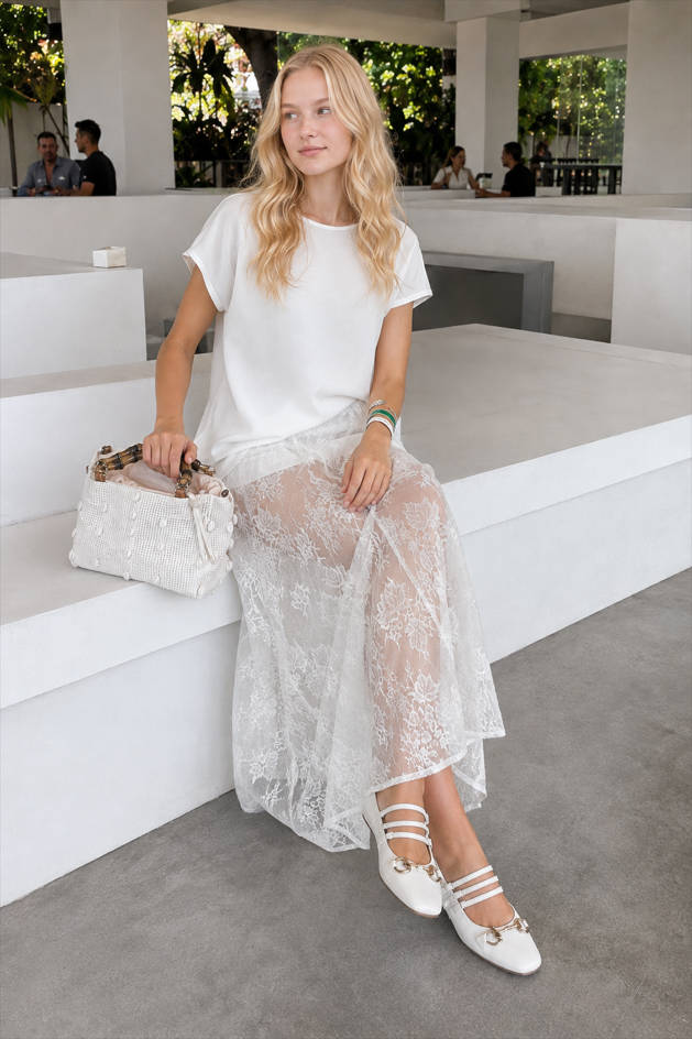 Sheer Floral Lace High Waist Flowy Maxi Skirt 2
