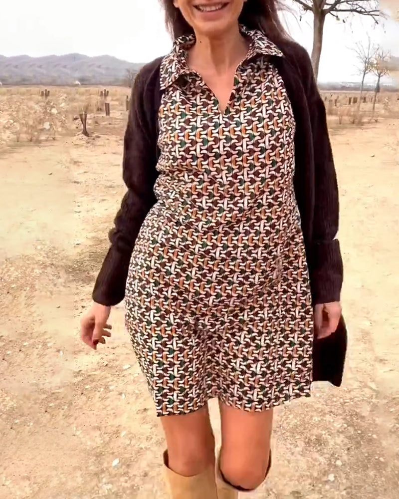 Printed lapel long sleeve dress