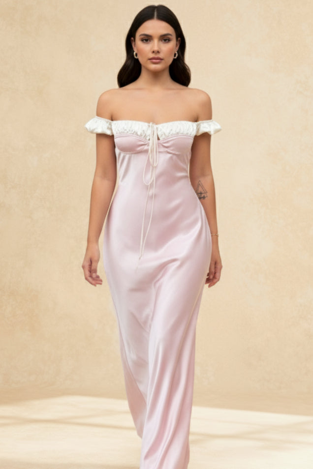 Pink Satin Ruched Charming Contrast Sleeve Dress