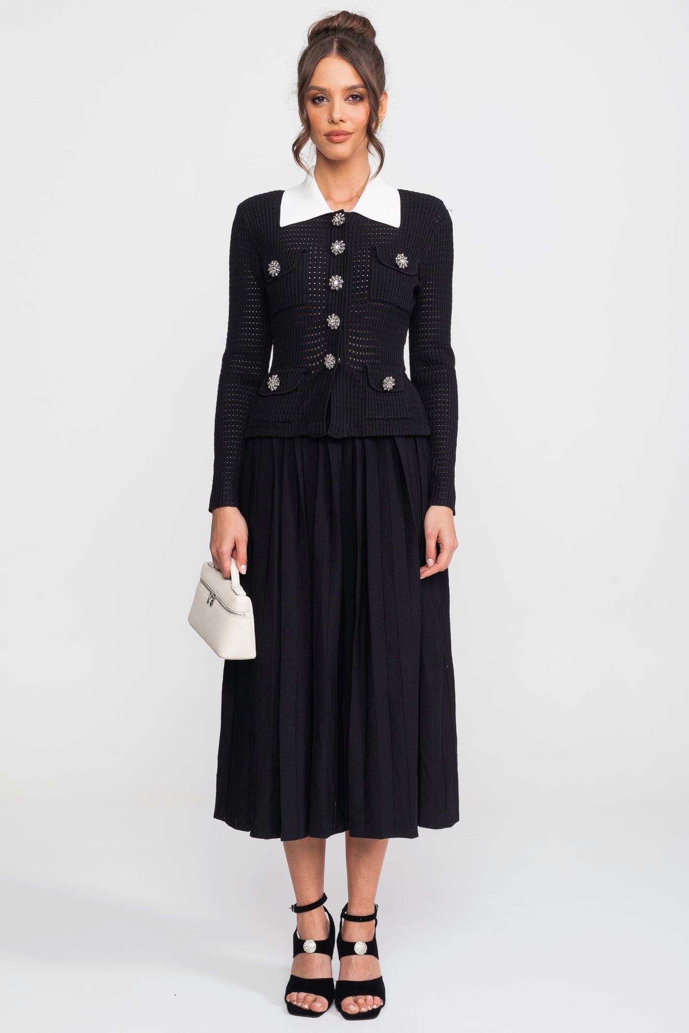 Open-Knit Dress with Pleated Midi Skirt - Black