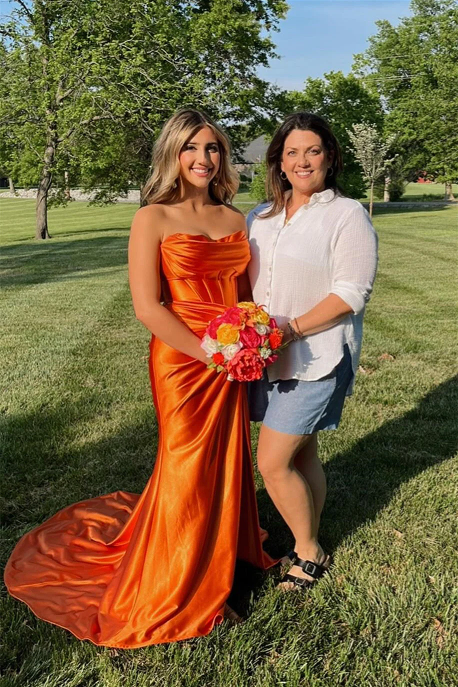 Beautiful Orange Strapless Pleated Slit Evening Dress Mermaid Prom Party Dress cc1908