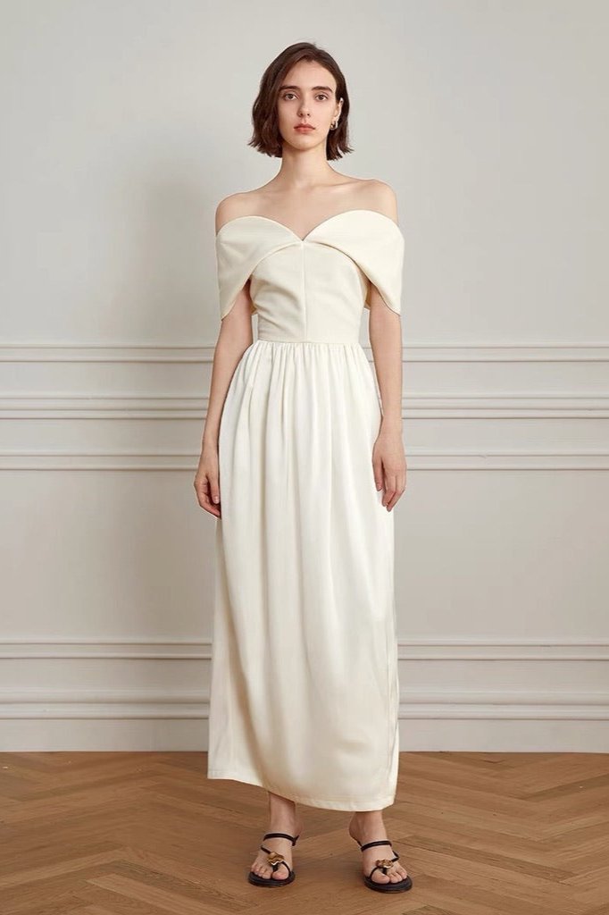 Off Shoulder Wrap Draped Bodice Gathered Waist Maxi Gown