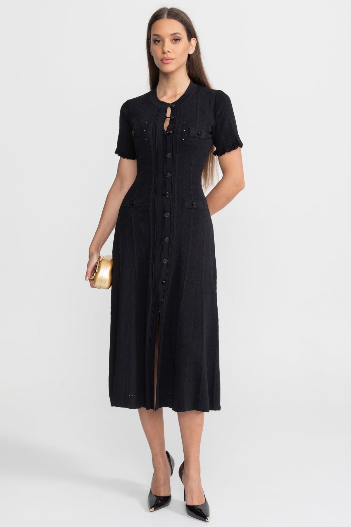 Pointelle Knit Button Front Short Sleeve Ruffle Cuff A-Line Midi Dress