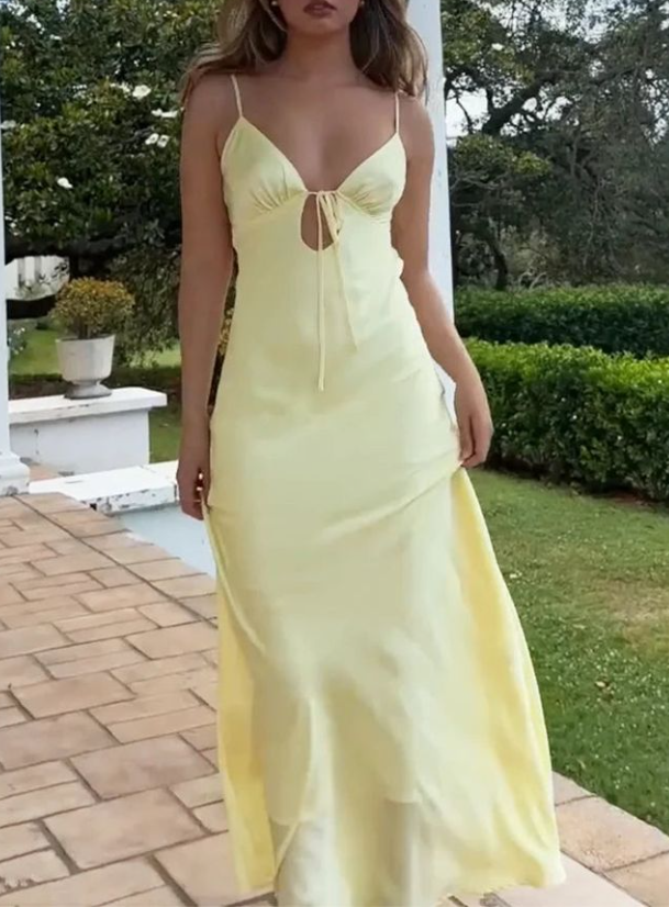 Simple Spaghetti Straps Backless Yellow Sheath Long Prom Evening Dress cc1998