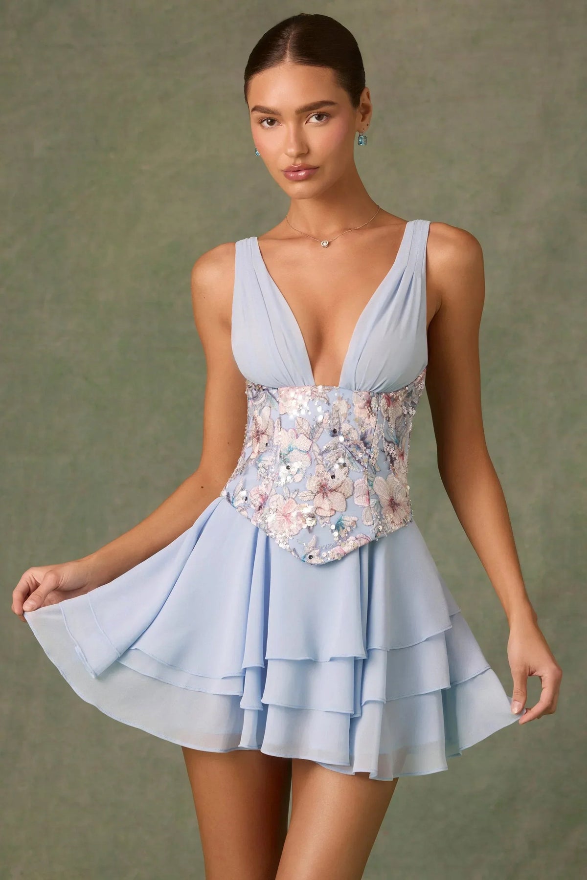 Floral Embroidered Corset Waist Deep V-Neck Tiered Ruffle Mini Dress
