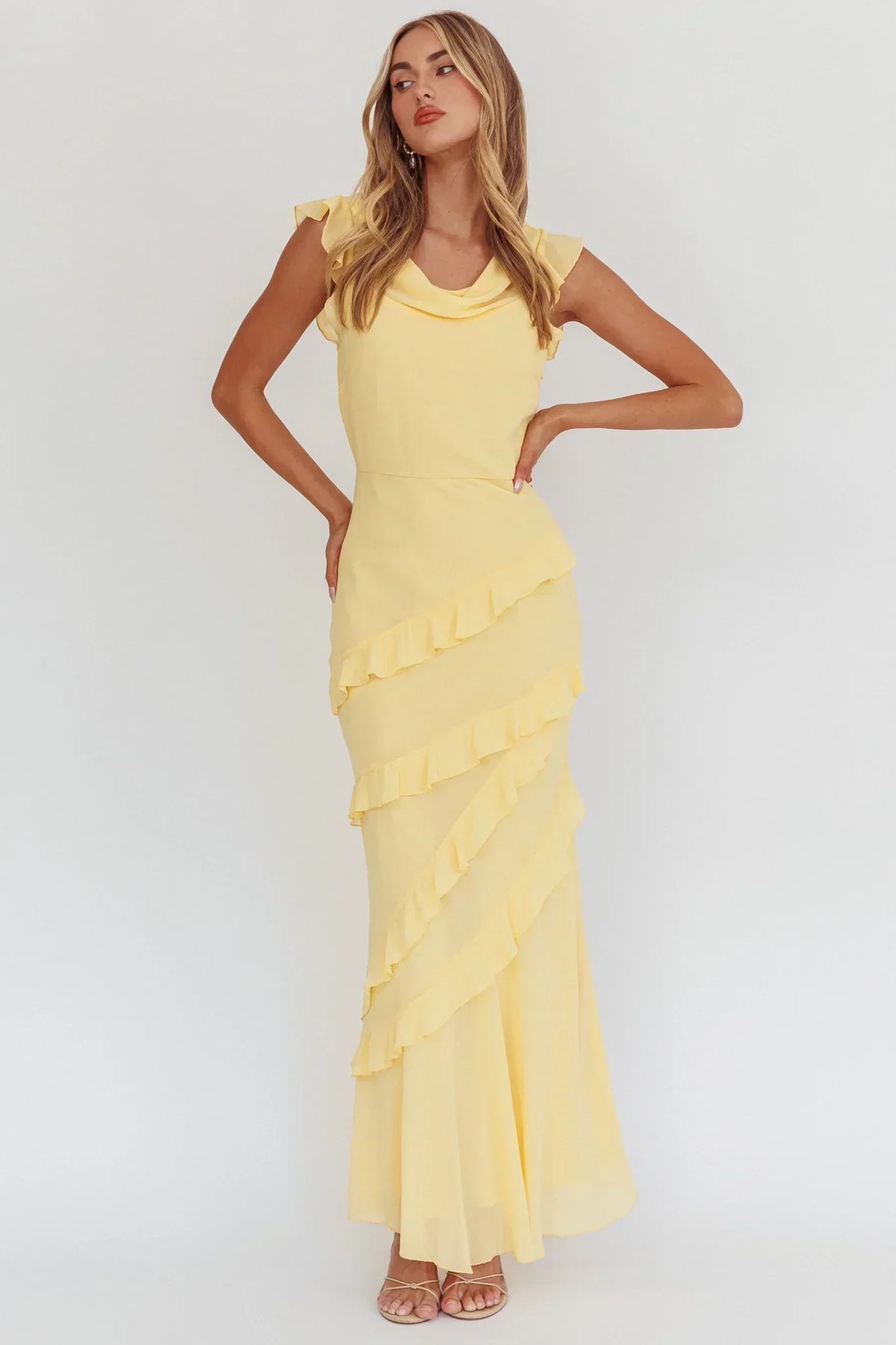 Cowl Neck Flutter Sleeve Tiered Ruffle Maxi Dress 5