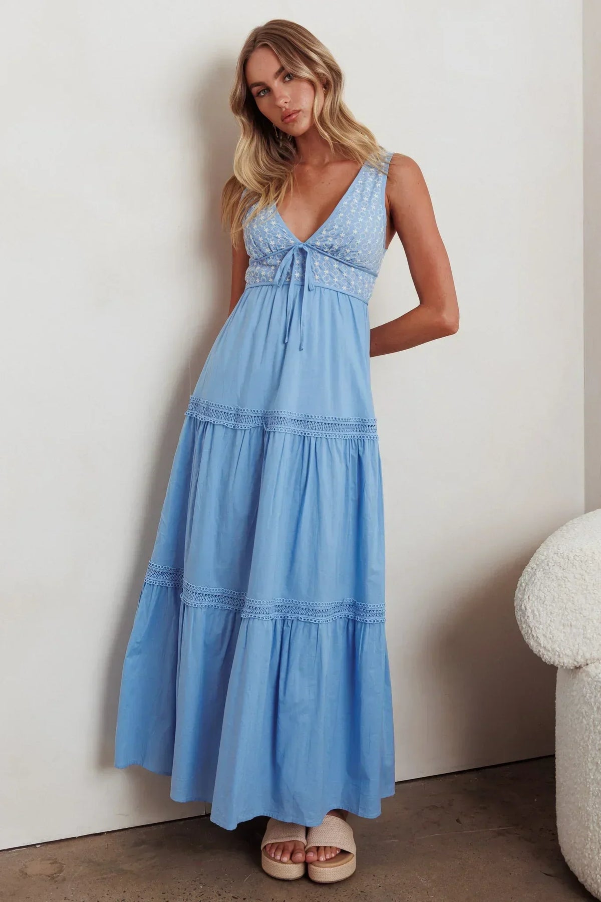 Embroidered Bodice V-Neck Tie Front Lace Trim Tiered Maxi Dress 5