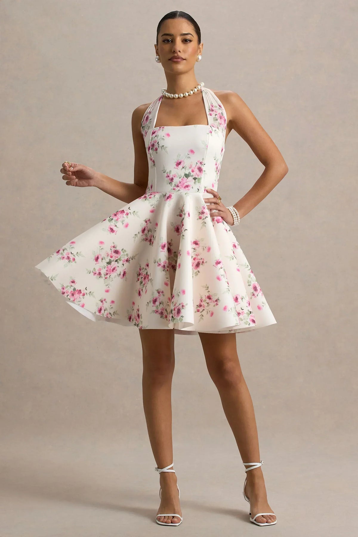 Peggy | Cream and Pink Halter-Neck Skater Mini Dress