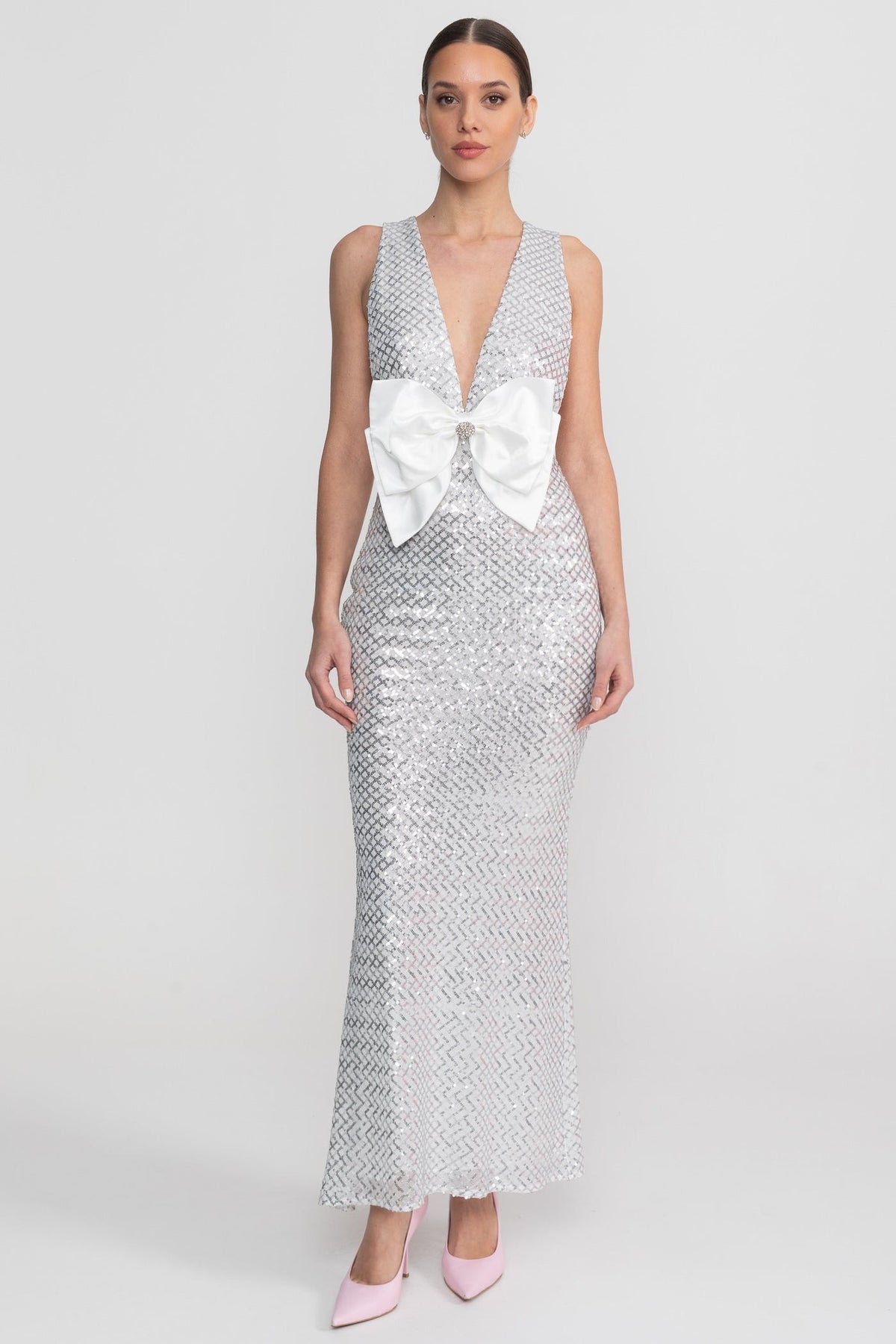 Sequin Deep V-Neck Sleeveless Satin Bow Front Mermaid Maxi Dress