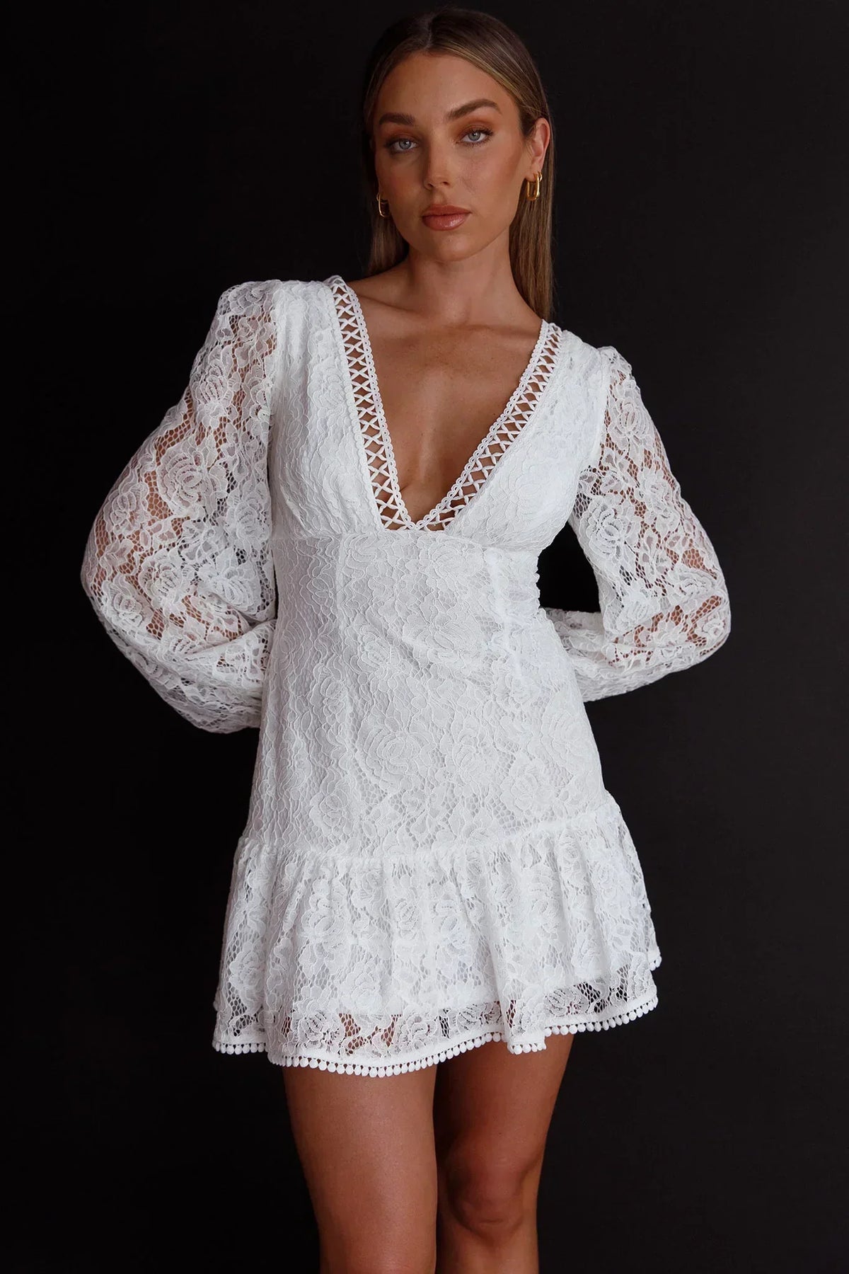 Lace Plunge V-Neck Balloon Sleeve Ruffle Hem Mini Dress 7