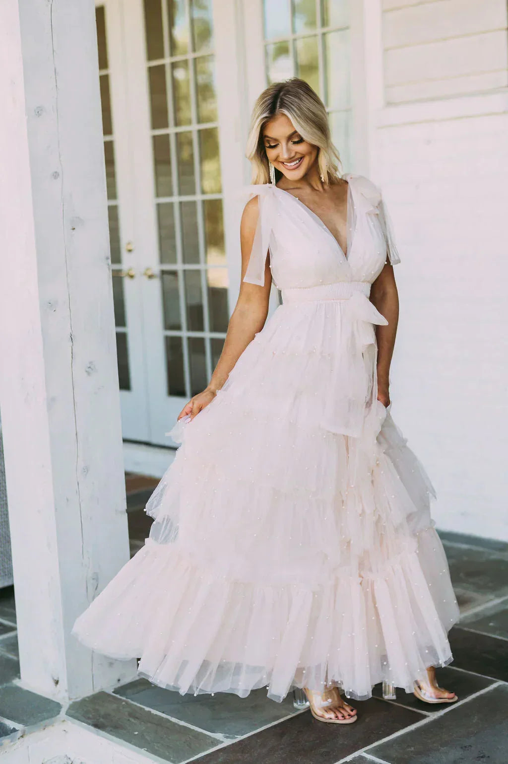 Pearl Embellished Tulle V-Neck Flutter Sleeve Ruffle Tiered Maxi Dress 8