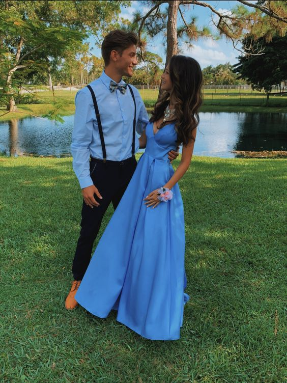 Chic A-line Blue V Neck Prom Dress,Blue Formal Dress cc922