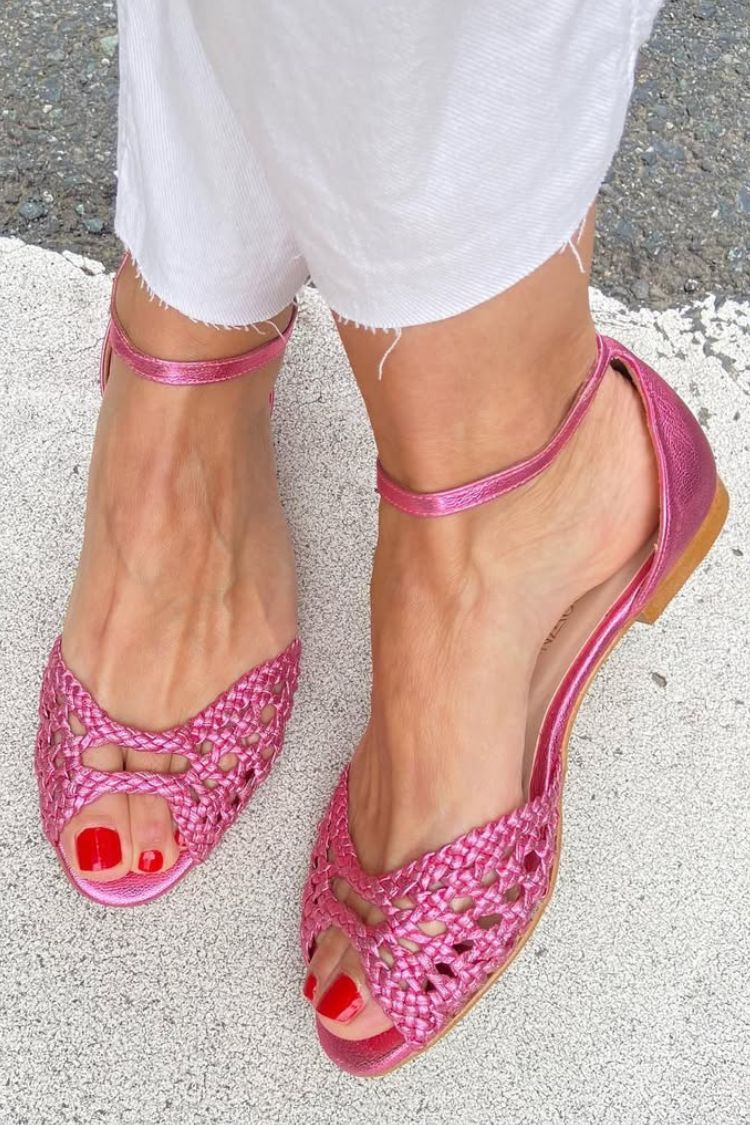 Woven Peep Toe Ankle Strap Flat Sandals