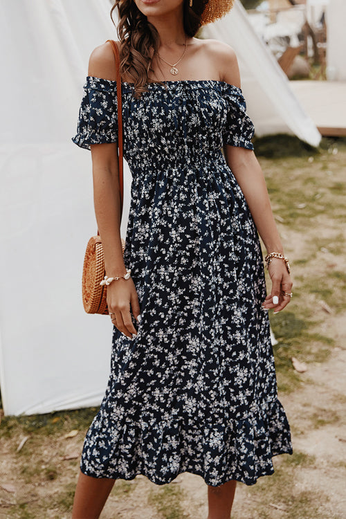 Days Like This Printed Off Shoulder Midi Dress - 3 Colors Navy