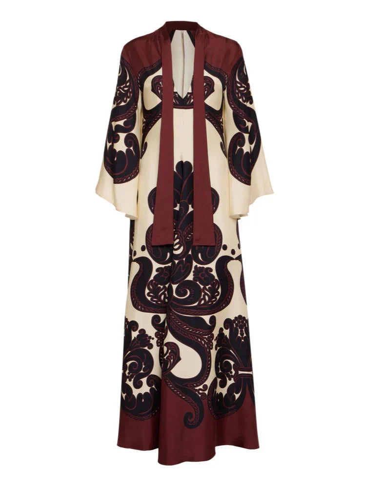 Scroll Print Satin Tie Neck Bell Sleeve A-Line Maxi Dress