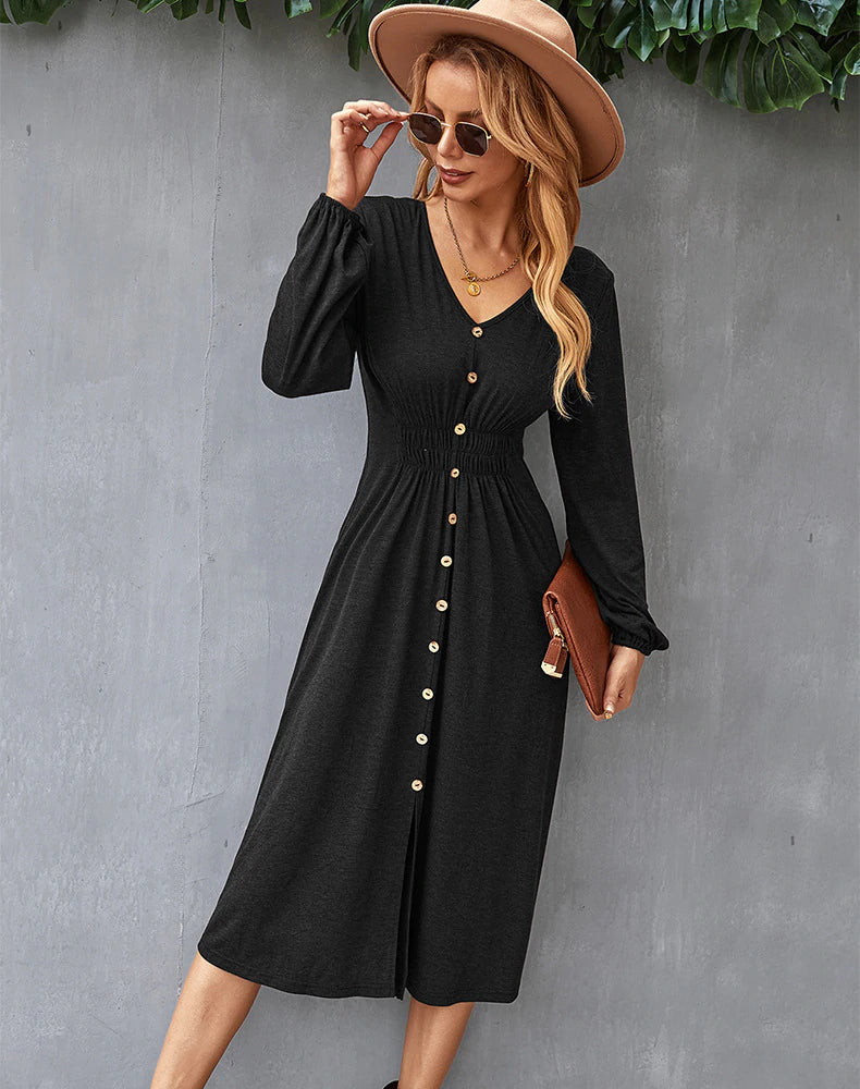 V-Neck Long Sleeve Button Front Smocked Waist A-Line Midi Dress 8